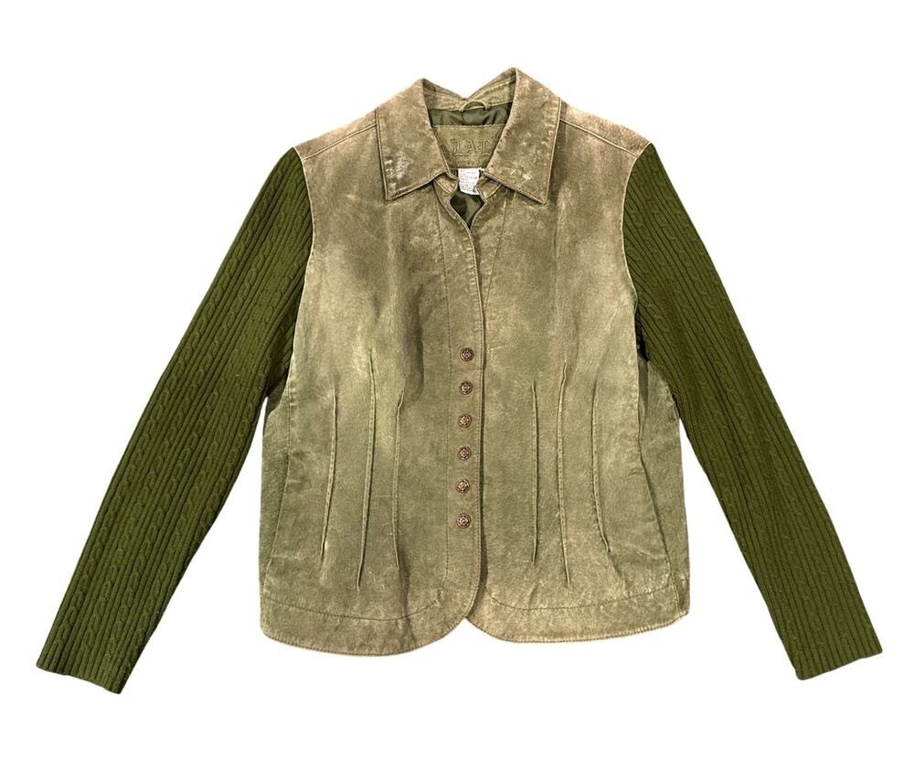 Live A Little Leather Jacket Womens Olive Green Cable Knit Sleeve Moto Boho 8/10
